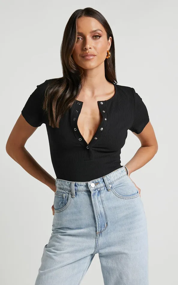 Showpo Orla Bodysuit 8211 Short Sleeve V Neck Bodysuit In Black Women Basics