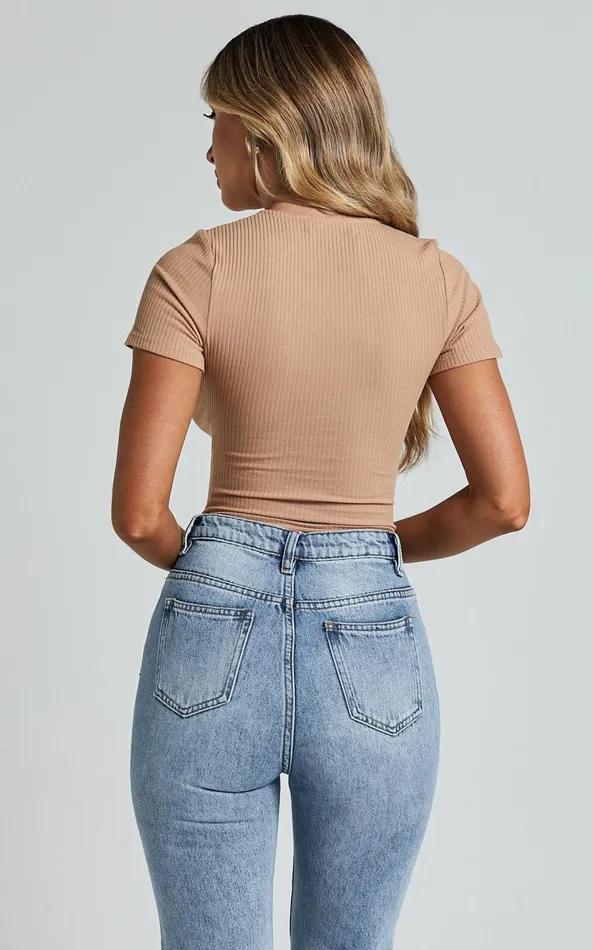 Showpo Orla Bodysuit 8211 Short Sleeve V Neck Bodysuit In Mocha Women Basics