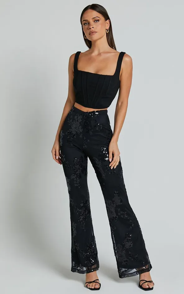 Showpo Ortiz Pants 8211 High Waist Straight Leg Sequin Pants In Black Floral Women Pants Showpo Ortiz Pants 8211 High Waist Straight Leg Sequin Pants In Black Floral Women Pants