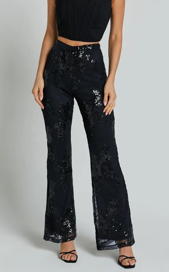Showpo Ortiz Pants 8211 High Waist Straight Leg Sequin Pants In Black Floral Women Pants