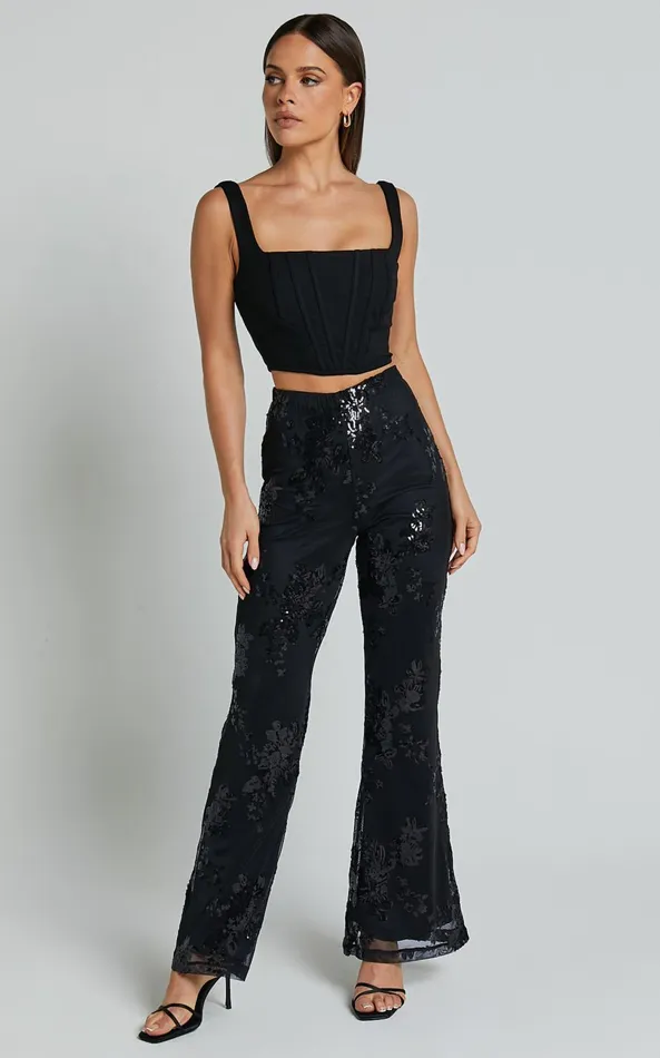 Showpo Ortiz Pants 8211 High Waist Straight Leg Sequin Pants In Black Floral Women Pants