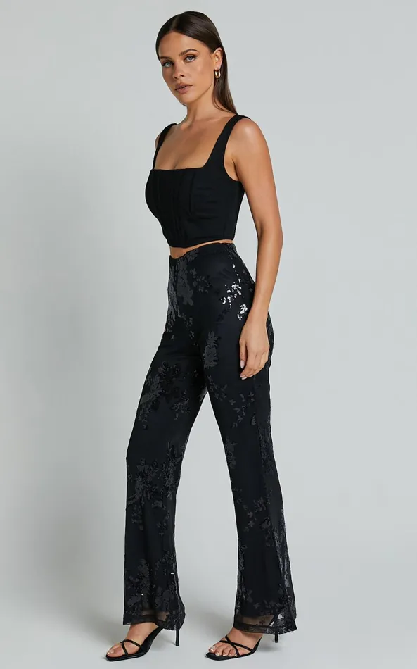 Showpo Ortiz Pants 8211 High Waist Straight Leg Sequin Pants In Black Floral Women Pants