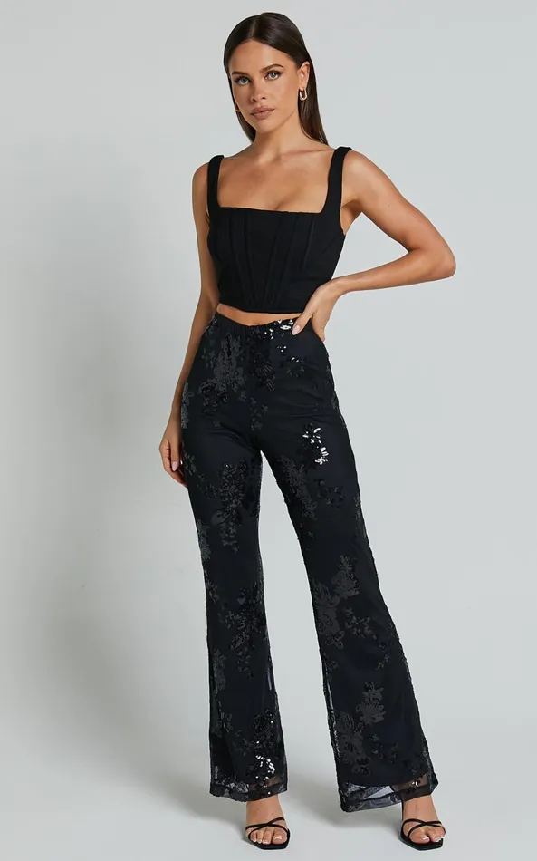 Showpo Ortiz Pants 8211 High Waist Straight Leg Sequin Pants In Black Floral Women Pants