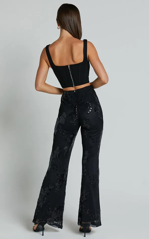 Showpo Ortiz Pants 8211 High Waist Straight Leg Sequin Pants In Black Floral Women Pants