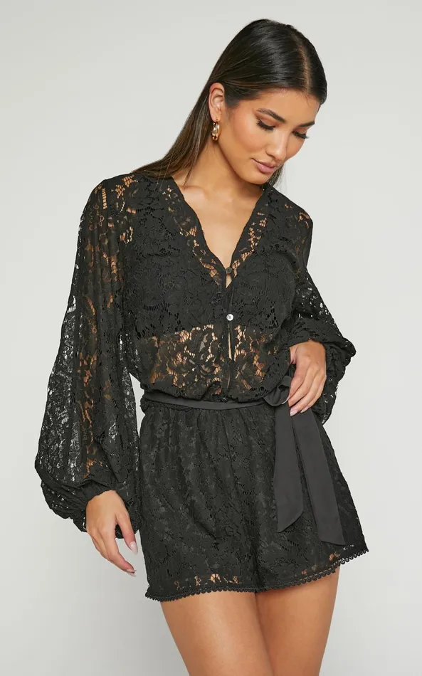 Showpo Oscar Playsuit 8211 Lace Long Sleeve V Neck In Black Women Rompers