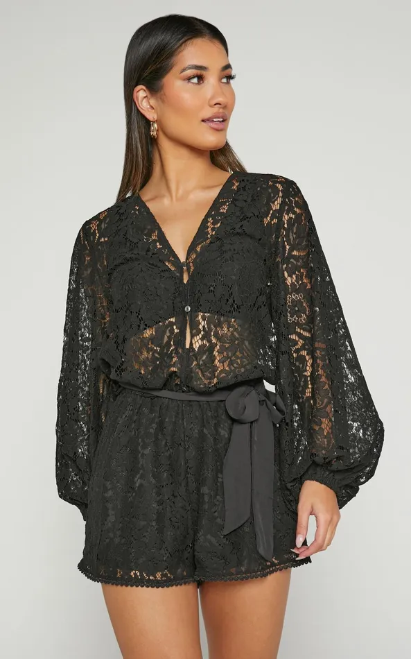 Showpo Oscar Playsuit 8211 Lace Long Sleeve V Neck In Black Women Rompers