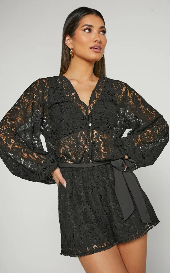 Showpo Oscar Playsuit 8211 Lace Long Sleeve V Neck In Black Women Rompers