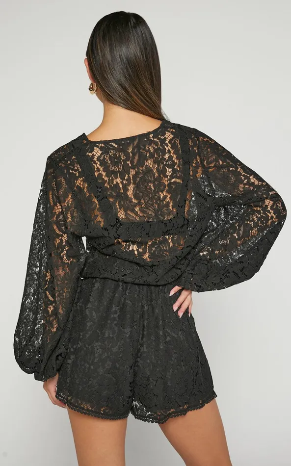 Showpo Oscar Playsuit 8211 Lace Long Sleeve V Neck In Black Women Rompers