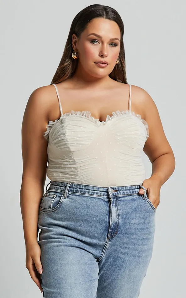 Showpo Out Of Patience Bodysuit 8211 Mesh Spot Bodysuit In White Women Curve Clothes