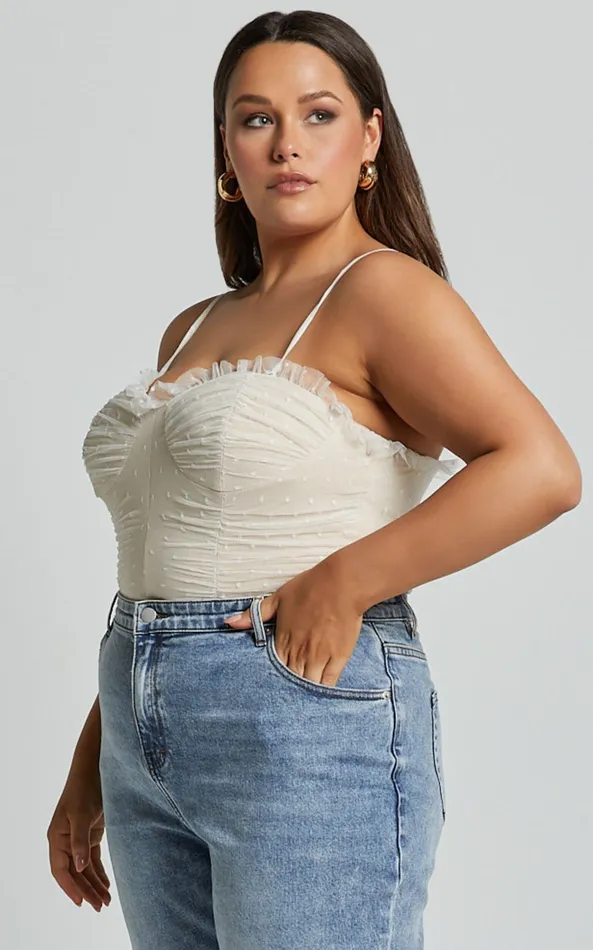 Showpo Out Of Patience Bodysuit 8211 Mesh Spot Bodysuit In White Women Curve Clothes
