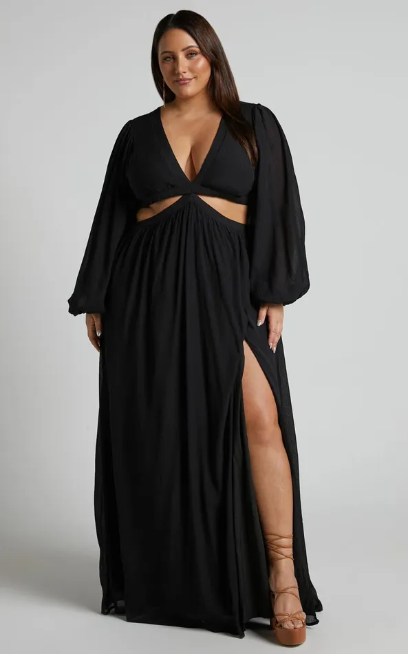Showpo Paige Maxi Dress 8211 Side Cut Out Balloon Sleeve Dress In Black Women Curve Clothes