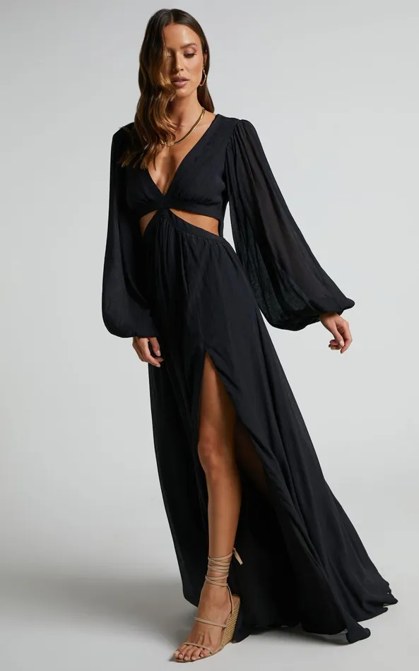 Showpo Paige Maxi Dress 8211 Side Cut Out Balloon Sleeve Dress In Black Women Curve Clothes