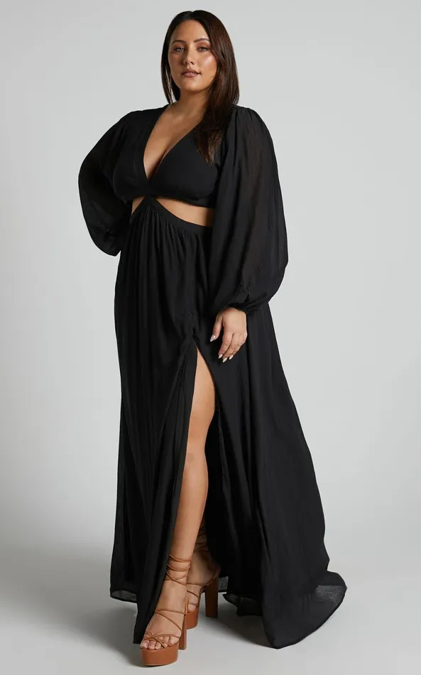 Showpo Paige Maxi Dress 8211 Side Cut Out Balloon Sleeve Dress In Black Women Curve Clothes