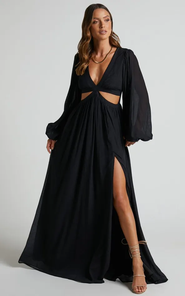 Showpo Paige Maxi Dress 8211 Side Cut Out Balloon Sleeve Dress In Black Women Curve Clothes