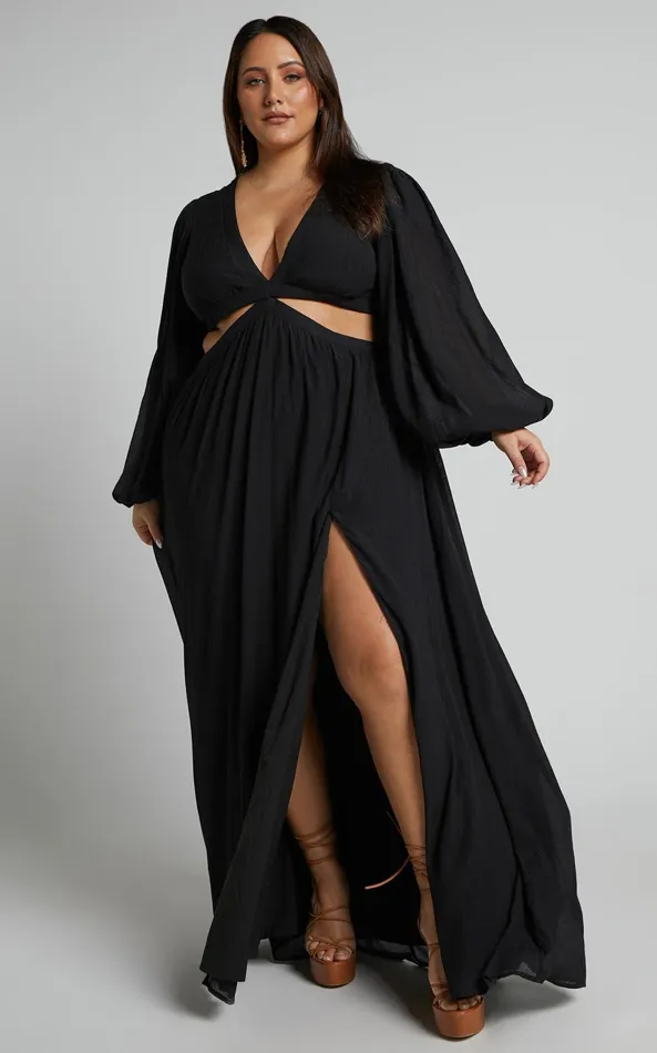 Showpo Paige Maxi Dress 8211 Side Cut Out Balloon Sleeve Dress In Black Women Curve Clothes