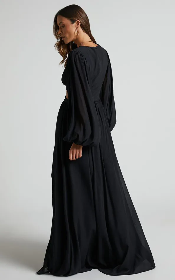 Showpo Paige Maxi Dress 8211 Side Cut Out Balloon Sleeve Dress In Black Women Curve Clothes