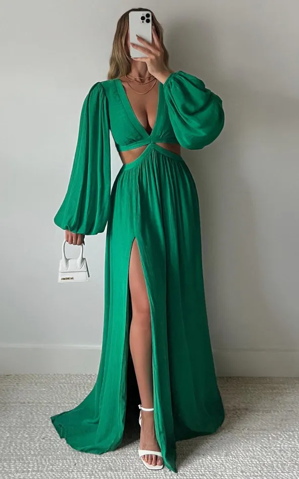 Showpo Paige Maxi Dress 8211 Side Cut Out Balloon Sleeve Dress In Green Women Curve Clothes Showpo Paige Maxi Dress 8211 Side Cut Out Balloon Sleeve Dress In Green Women Curve Clothes