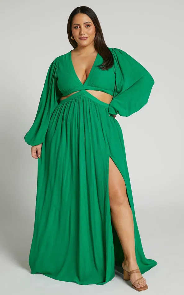 Showpo Paige Maxi Dress 8211 Side Cut Out Balloon Sleeve Dress In Green Women Curve Clothes