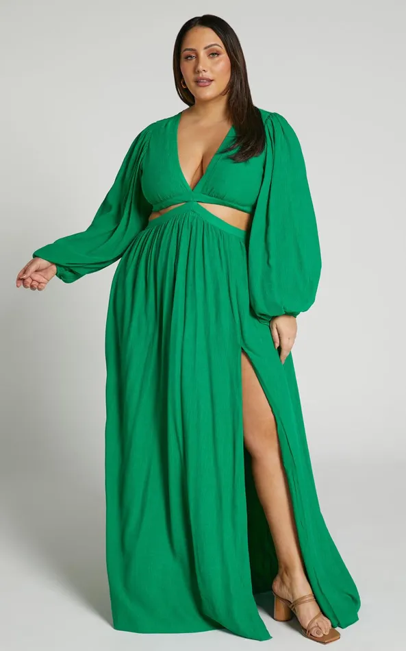 Showpo Paige Maxi Dress 8211 Side Cut Out Balloon Sleeve Dress In Green Women Curve Clothes