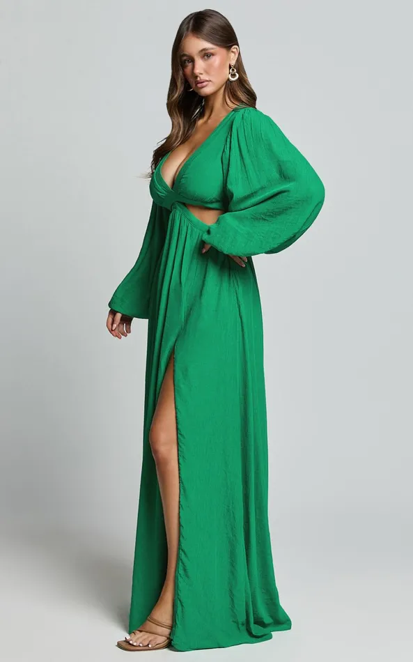Showpo Paige Maxi Dress 8211 Side Cut Out Balloon Sleeve Dress In Green Women Curve Clothes