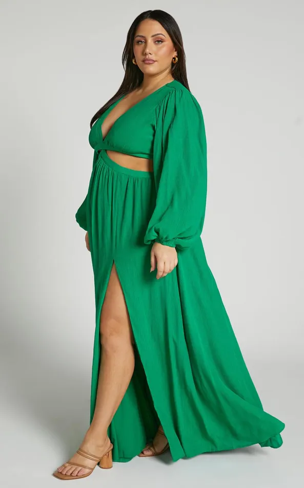 Showpo Paige Maxi Dress 8211 Side Cut Out Balloon Sleeve Dress In Green Women Curve Clothes