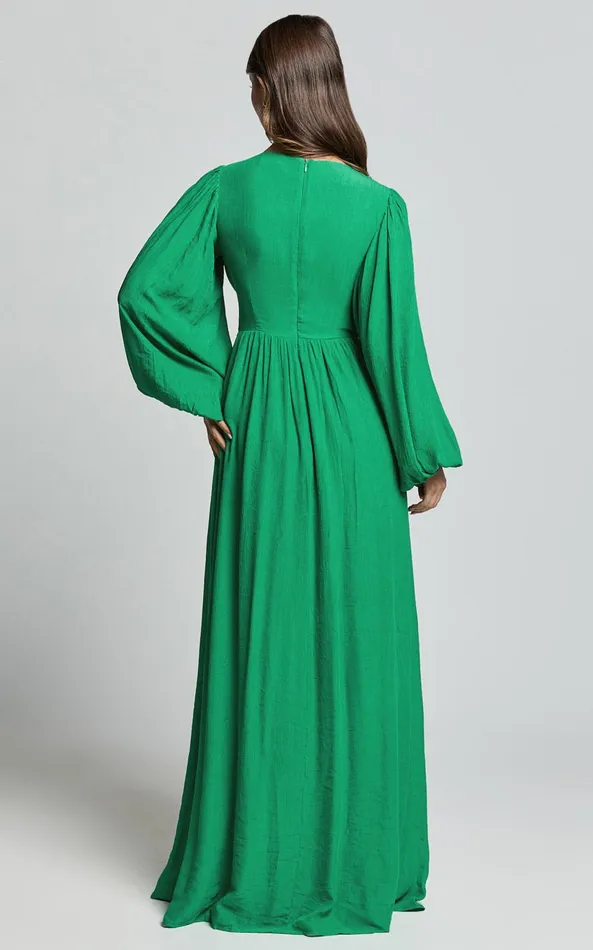 Showpo Paige Maxi Dress 8211 Side Cut Out Balloon Sleeve Dress In Green Women Curve Clothes