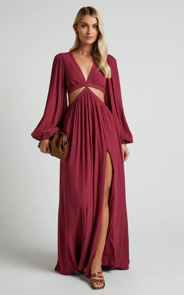 Showpo Paige Maxi Dress 8211 Side Cut Out Balloon Sleeve Dress In Mulberry Women Curve Clothes Showpo Paige Maxi Dress 8211 Side Cut Out Balloon Sleeve Dress In Mulberry Women Curve Clothes