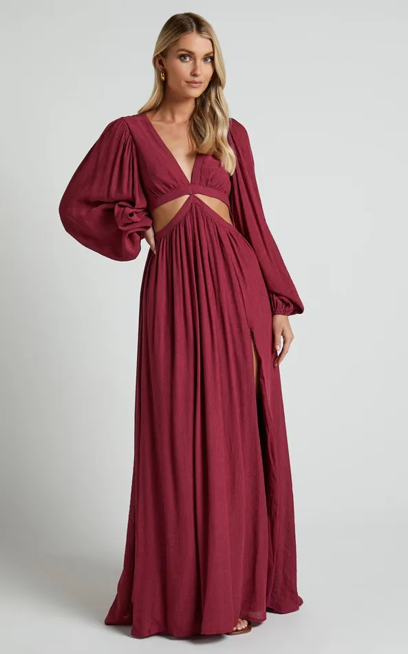 Showpo Paige Maxi Dress 8211 Side Cut Out Balloon Sleeve Dress In Mulberry Women Curve Clothes