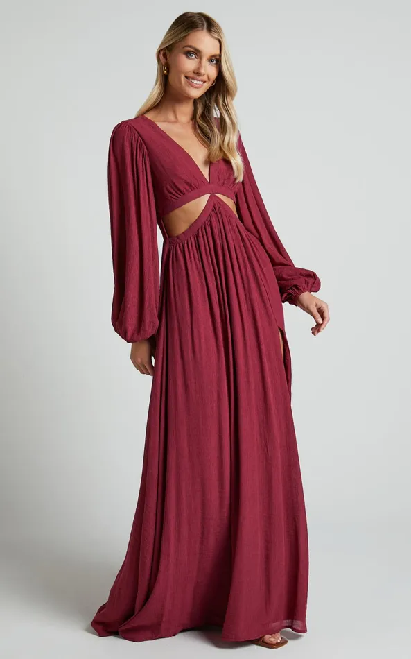 Showpo Paige Maxi Dress 8211 Side Cut Out Balloon Sleeve Dress In Mulberry Women Curve Clothes