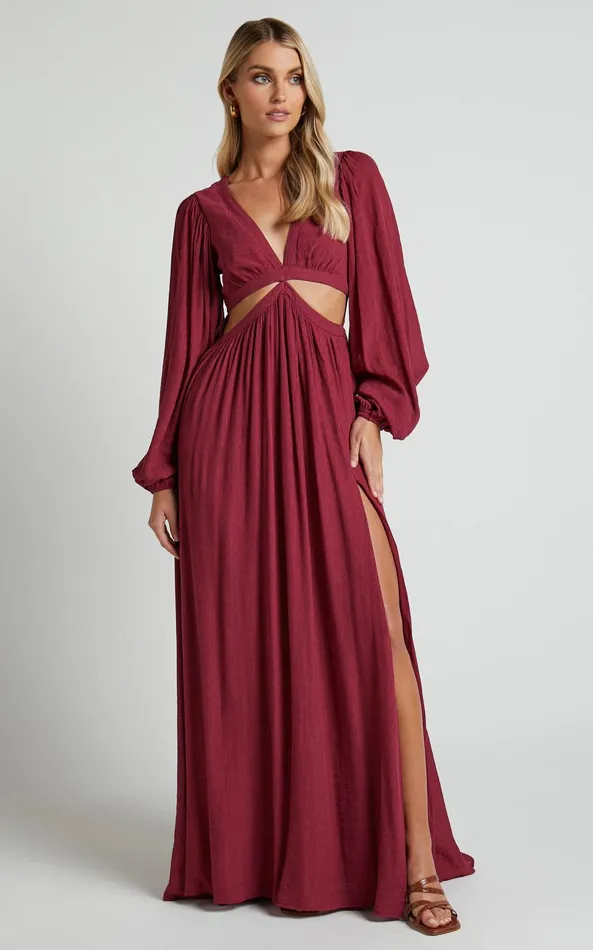 Showpo Paige Maxi Dress 8211 Side Cut Out Balloon Sleeve Dress In Mulberry Women Curve Clothes