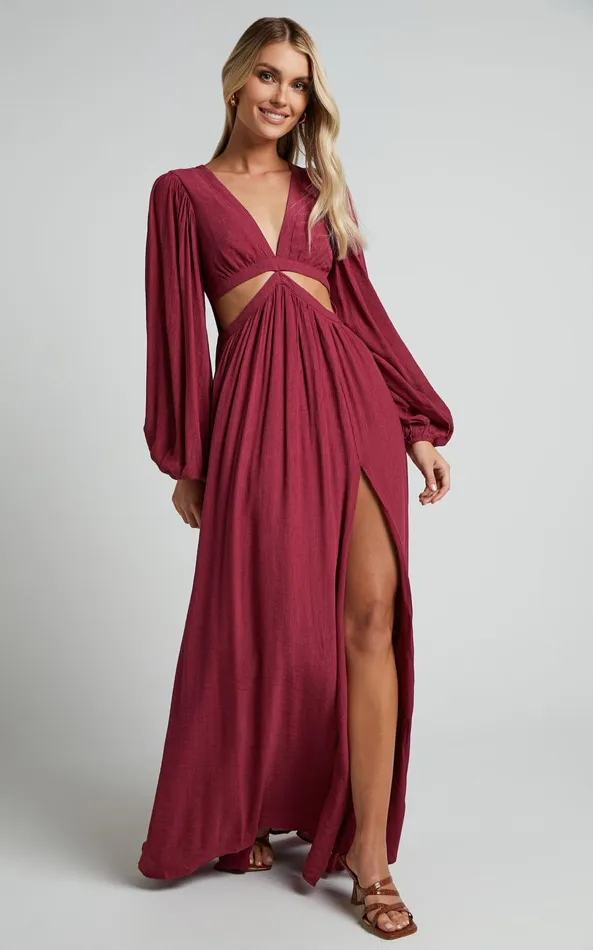 Showpo Paige Maxi Dress 8211 Side Cut Out Balloon Sleeve Dress In Mulberry Women Curve Clothes