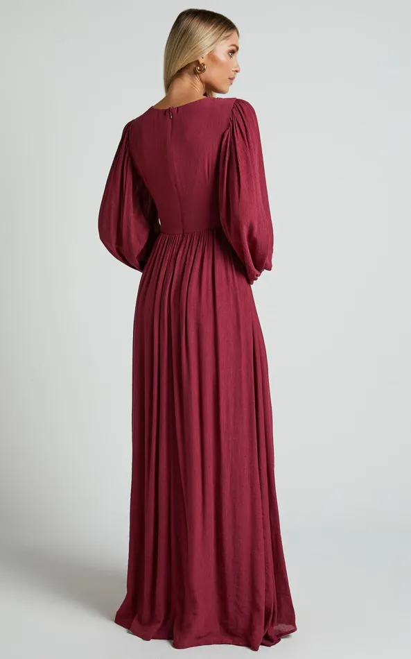Showpo Paige Maxi Dress 8211 Side Cut Out Balloon Sleeve Dress In Mulberry Women Curve Clothes