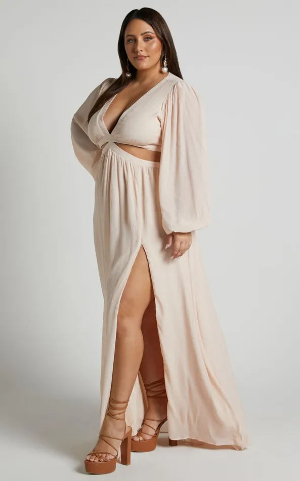 Showpo Paige Maxi Dress 8211 Side Cut Out Balloon Sleeve Dress In Neutral Women Curve Clothes