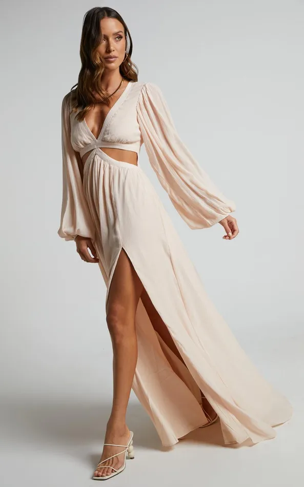 Showpo Paige Maxi Dress 8211 Side Cut Out Balloon Sleeve Dress In Neutral Women Curve Clothes