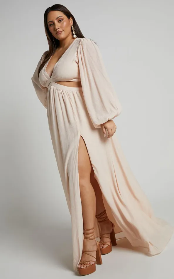 Showpo Paige Maxi Dress 8211 Side Cut Out Balloon Sleeve Dress In Neutral Women Curve Clothes