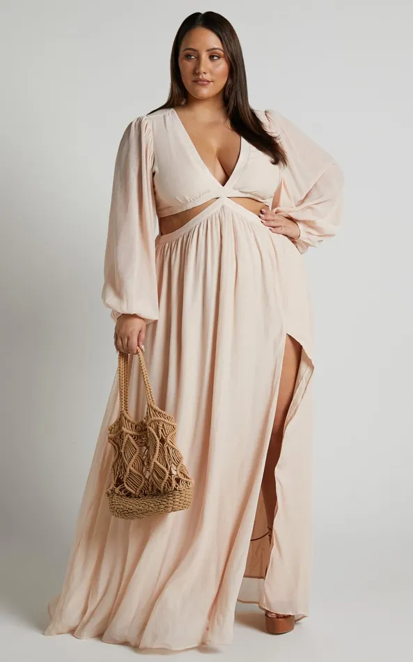 Showpo Paige Maxi Dress 8211 Side Cut Out Balloon Sleeve Dress In Neutral Women Curve Clothes