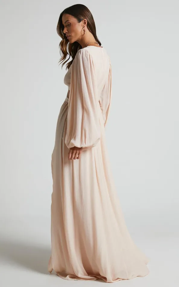 Showpo Paige Maxi Dress 8211 Side Cut Out Balloon Sleeve Dress In Neutral Women Curve Clothes