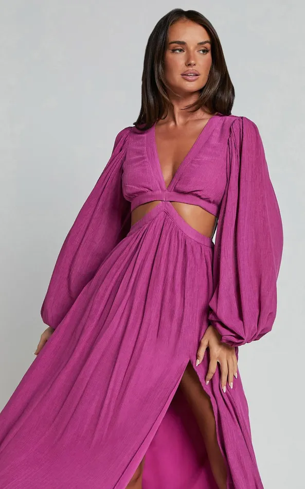 Showpo Paige Maxi Dress 8211 Side Cut Out Balloon Sleeve Dress In Orchid Women Dresses