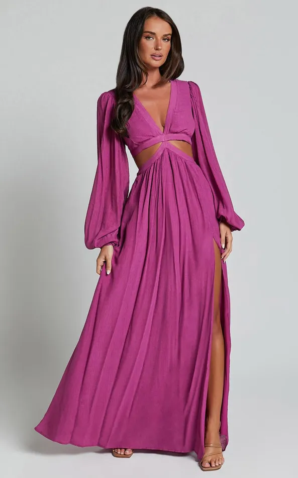 Showpo Paige Maxi Dress 8211 Side Cut Out Balloon Sleeve Dress In Orchid Women Dresses
