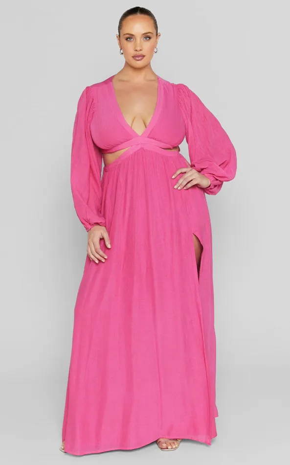Showpo Paige Maxi Dress 8211 Side Cut Out Balloon Sleeve Dress In Pink Women Curve Clothes