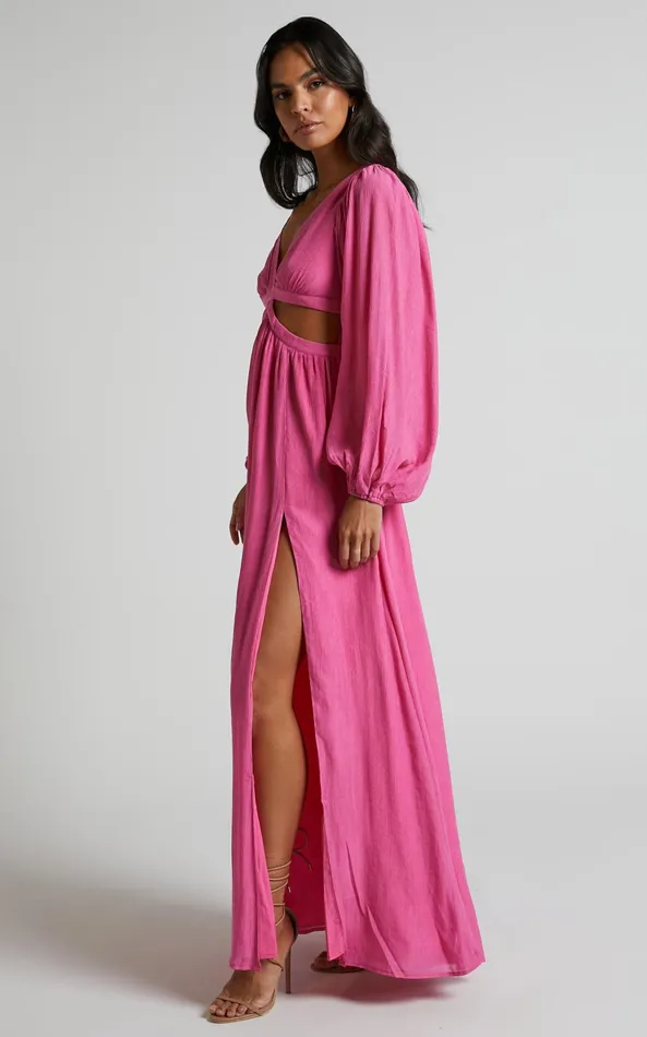 Showpo Paige Maxi Dress 8211 Side Cut Out Balloon Sleeve Dress In Pink Women Curve Clothes