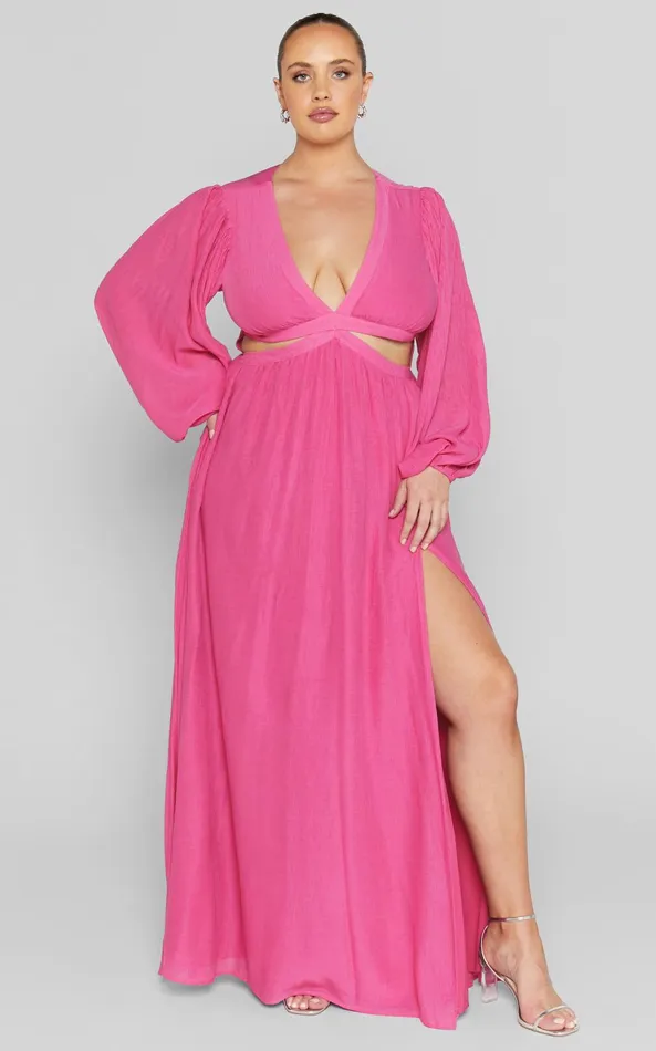 Showpo Paige Maxi Dress 8211 Side Cut Out Balloon Sleeve Dress In Pink Women Curve Clothes