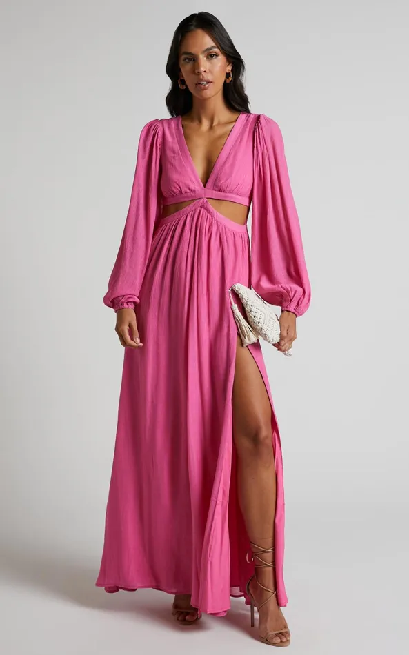 Showpo Paige Maxi Dress 8211 Side Cut Out Balloon Sleeve Dress In Pink Women Curve Clothes