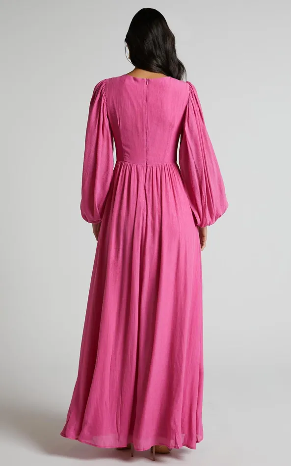 Showpo Paige Maxi Dress 8211 Side Cut Out Balloon Sleeve Dress In Pink Women Curve Clothes