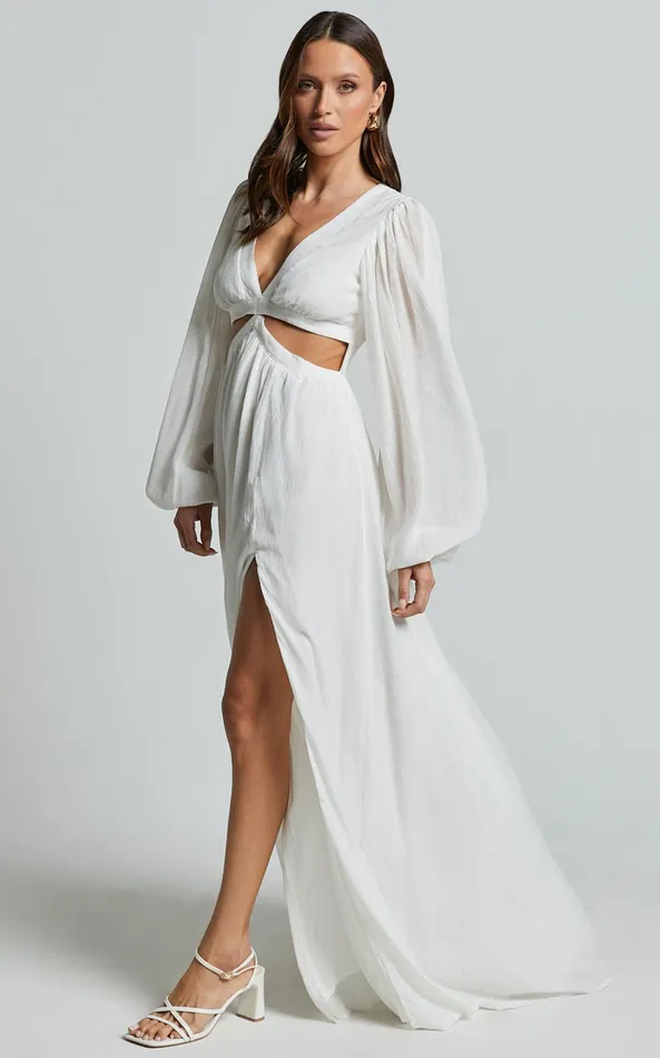 Showpo Paige Maxi Dress 8211 Side Cut Out Balloon Sleeve Dress In White Women Dresses