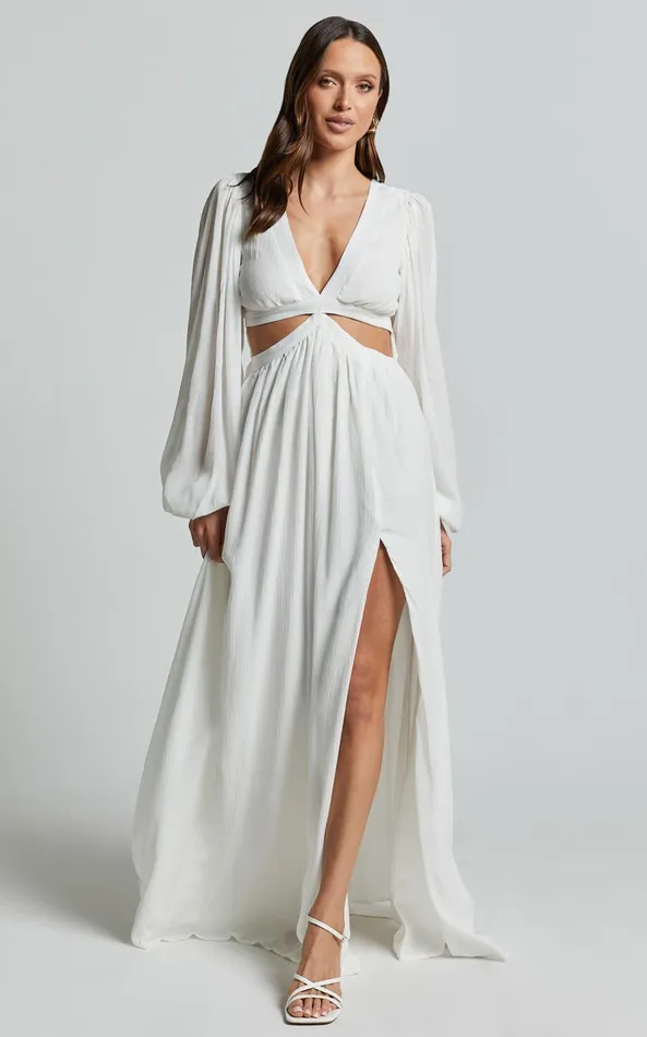 Showpo Paige Maxi Dress 8211 Side Cut Out Balloon Sleeve Dress In White Women Dresses