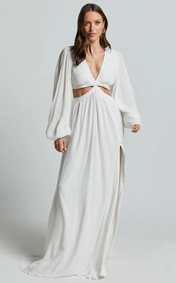 Showpo Paige Maxi Dress 8211 Side Cut Out Balloon Sleeve Dress In White Women Dresses