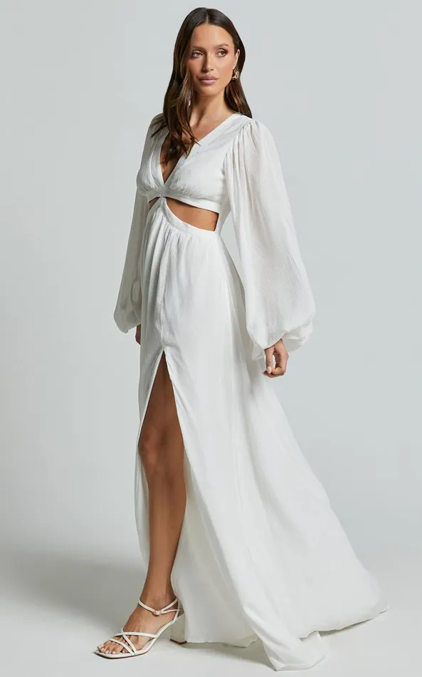 Showpo Paige Maxi Dress 8211 Side Cut Out Balloon Sleeve Dress In White Women Dresses