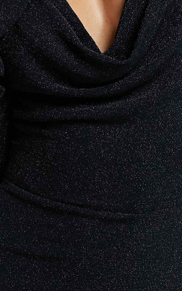 Showpo Paisley Midi Dress 8211 Plunge Cowl Neck Long Sleeve Glitter Jersey Dress In Black Women Dresses