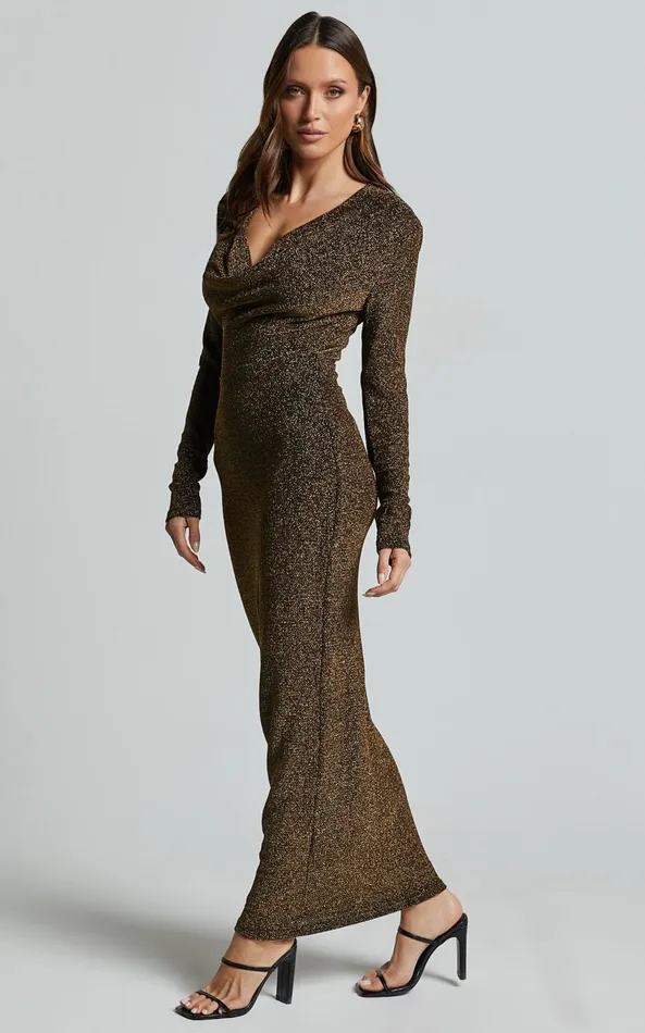 Showpo Paisley Midi Dress 8211 Plunge Cowl Neck Long Sleeve Glitter Jersey Dress In Gold Women Dresses